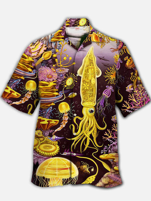 Eye-Catching Fantasy Ocean Golden Squid And Jellyfish Printing Cuban Collar Hawaiian Short Sleeve Shirt
