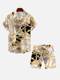 Irregular Chain Black and White Plaid Printing Hawaiian Cuban Collar Short Sleeve Shirt Set