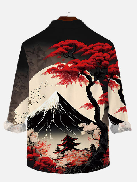 Ukiyo-E Landscape Snow Mountain And Tree Printing Long Sleeve Shirt