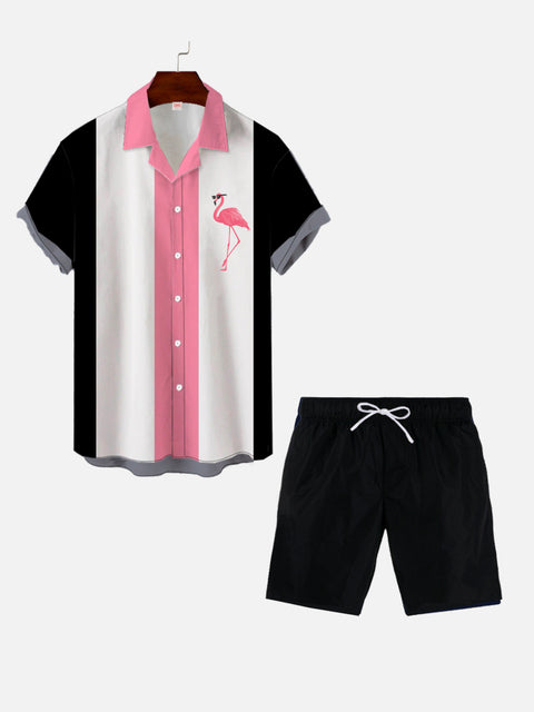 Camp Retro Black White Pink Stitching Flamingo Printing Hawaiian Cuban Collar Short Sleeve Shirt Set