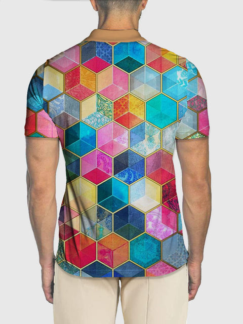 Abstract Geometric Rainbow Marble Mosaic Hippie Printing Short Sleeve Polo