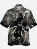 Eye-Catching Black And White Roaring Bear And Crows Printing Cuban Collar Hawaiian Short Sleeve Shirt