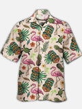Eye-Catching Tiki Flamingos And Tropical Leaves Printing Cuban Collar Hawaiian Short Sleeve Shirt