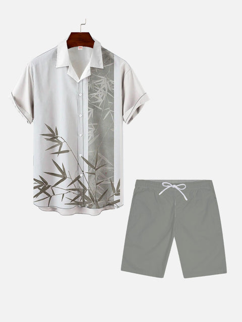 White And Green Stitching Retro Bamboo Hawaiian Cuban Collar Short Sleeve Shirt Set