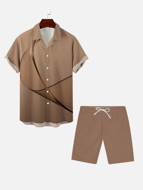 Brown Art Ribbon Printing Hawaiian Cuban Collar Short Sleeve Shirt Set