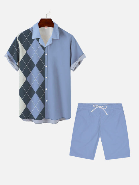 Asymmetric Blue White Black Diamond Lattice Hawaiian Cuban Collar Short Sleeve Shirt Set