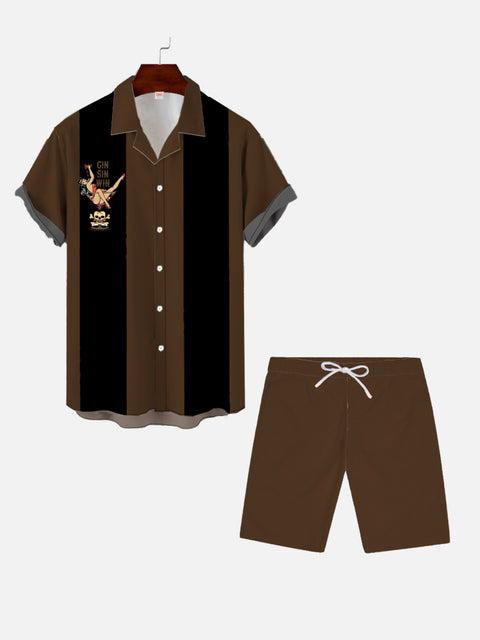 Vintage Fashion Brown And Black Matching Stripe Skull Wine Glass And Beauty Printing Hawaiian Cuban Collar Short Sleeve Shirt Set