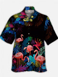 Eye-Catching Classic Neon Tropical Leaves And Flamingos Printing Cuban Collar Hawaiian Short Sleeve Shirt