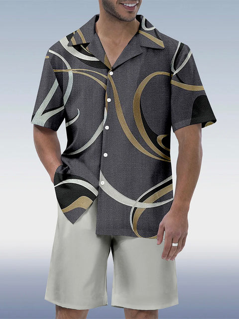 Gray Light Business Casual Abstract Lineart Print Hawaiian Cuban Collar Short Sleeve Shirt Set