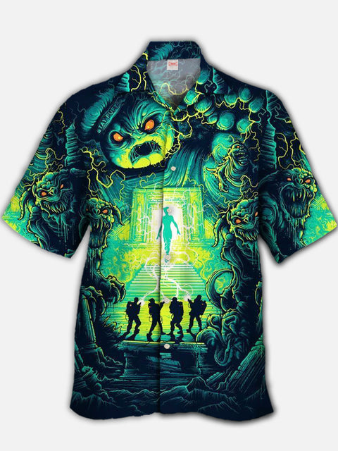 Eye-Catching Psychedelic Sci-Fi Crazy Adventure Team And Ferocious Ghosts Printing Cuban Collar Hawaiian Short Sleeve Shirt