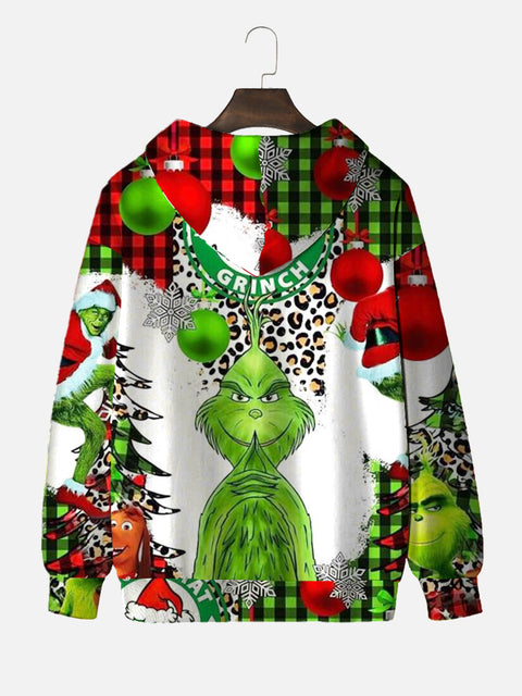 Festive Christmas Tree And Green Furry Monster Printing Hooded Sweatshirt