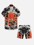 Ukiyo-e Auspicious Cloud And Giant Red Octopus Printing Hawaiian Cuban Collar Short Sleeve Shirt Set