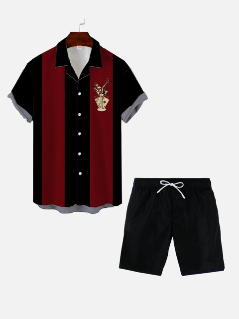 50s Red And Black Stitching Martini Glasses And Poker Printing Hawaiian Cuban Collar Short Sleeve Shirt Set