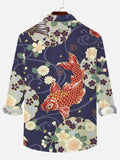 Mysterious Oriental Red Koi Carp And Flower Clusters Printing Breast Pocket Long Sleeve Shirt