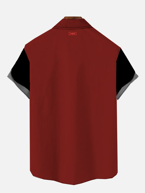 Vintage Red And Black Seaside Coconut Tree Flamingo Printing Hawaiian Cuban Collar Short Sleeve Shirt Set