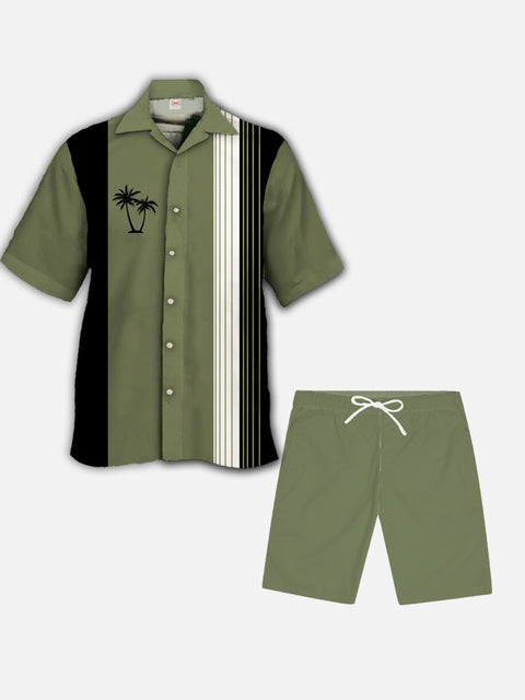 Vacation Style Black And Green Striped Coconut Tree Printing Hawaiian Cuban Collar Short Sleeve Shirt Set