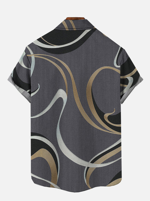 Gray Light Business Casual Abstract Lineart Print Hawaiian Cuban Collar Short Sleeve Shirt Set