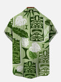 Casual Exotic Green Tropical Foliage And Tiki Printing Hawaiian Cuban Collar Short Sleeve Shirt Set