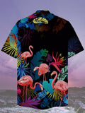 Eye-Catching Classic Neon Tropical Leaves And Flamingos Printing Cuban Collar Hawaiian Short Sleeve Shirt