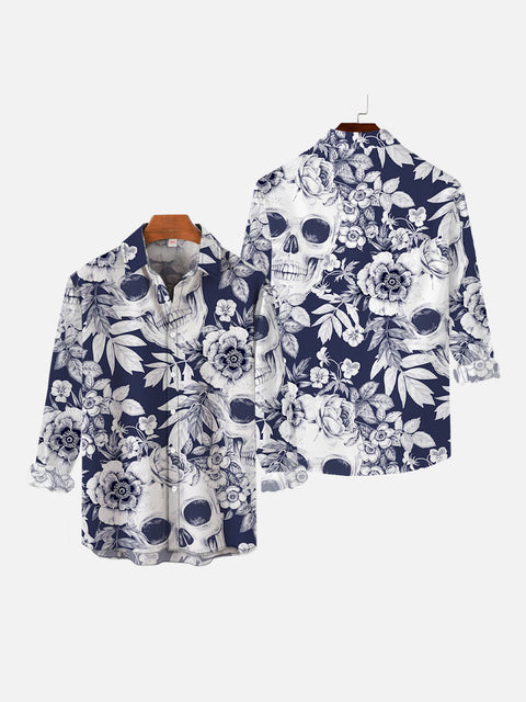 Retro Dark Blue Fashion Floral Skull Printing Long Sleeve Shirt