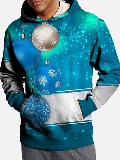 Christmas Teal Glitter And Decorative Balls Printing Hooded Sweatshirt
