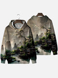 Mysterious Oriental Natural Scenery Stone Steps And Stream Painting Printing Hooded Sweatshirt