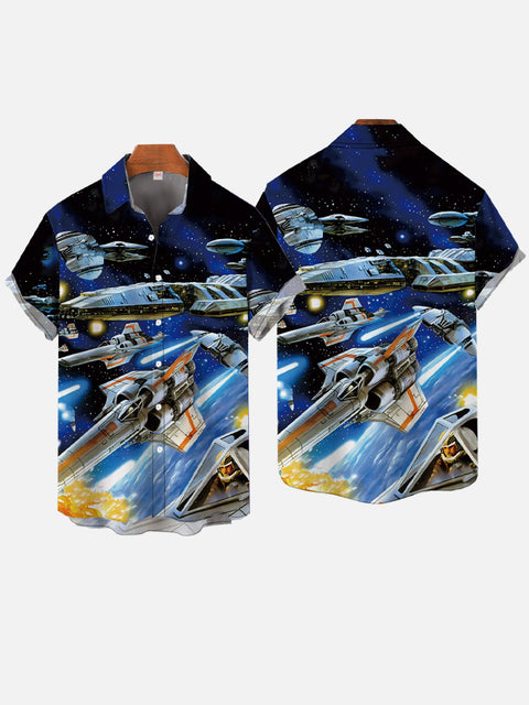 Sci-Fi Blue Galaxy Space Interstellar Spaceship Fleet Printing Short Sleeve Shirt