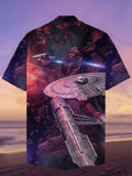 Eye-Catching Purple Space Meteorites And Sci-Fi Interstellar Travel Starships Printing Cuban Collar Hawaiian Short Sleeve Shirt
