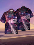 Eye-Catching Purple Space Meteorites And Sci-Fi Interstellar Travel Starships Printing Cuban Collar Hawaiian Short Sleeve Shirt