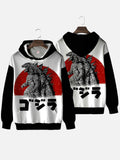 Ukiyo-E Japanese Style Red Sun And Monster Godzilla Printing Hooded Sweatshirt