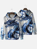 Mysterious Oriental Blue Ink Painting Holy Beast Dragon Printing Hooded Sweatshirt