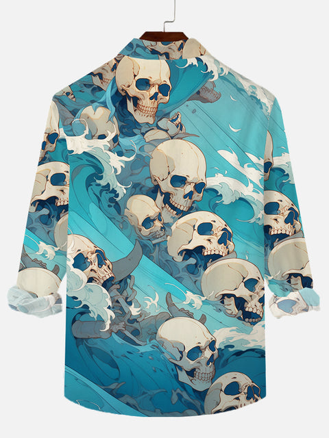 Abstract Skull Waves Printing Breast Pocket Long Sleeve Shirt