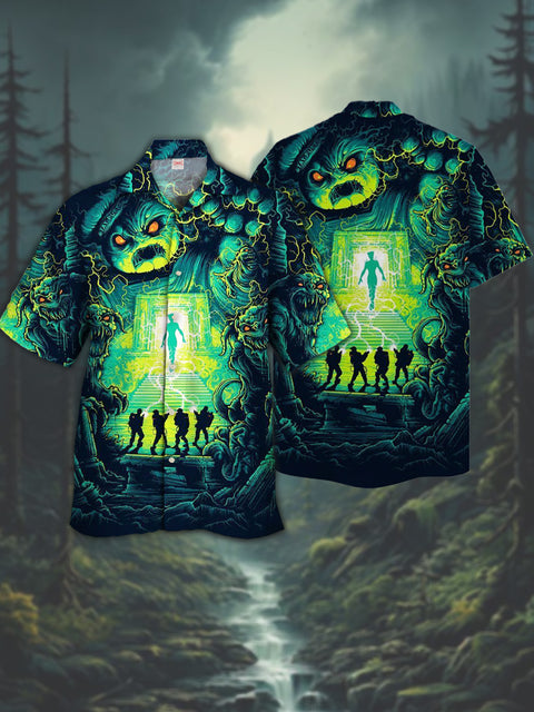 Eye-Catching Psychedelic Sci-Fi Crazy Adventure Team And Ferocious Ghosts Printing Cuban Collar Hawaiian Short Sleeve Shirt