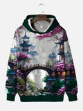 Ukiyo-E Mysterious Oriental Ancient Building Complex And Arch Bridge Printing Hooded Sweatshirt