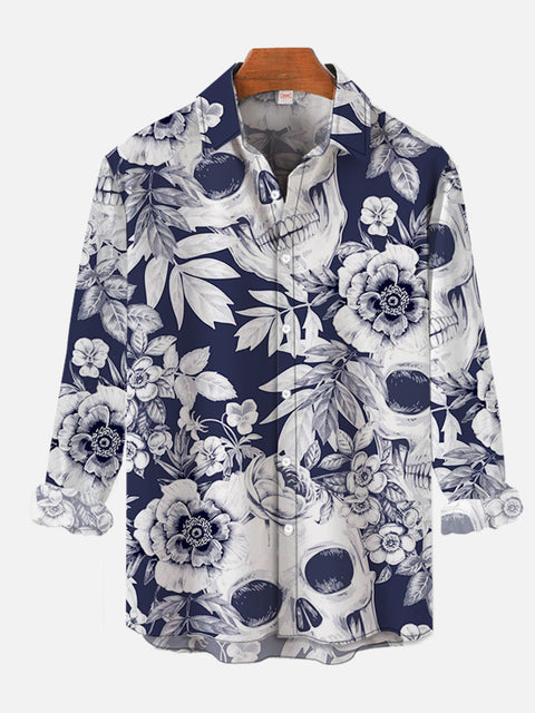 Retro Dark Blue Fashion Floral Skull Printing Long Sleeve Shirt