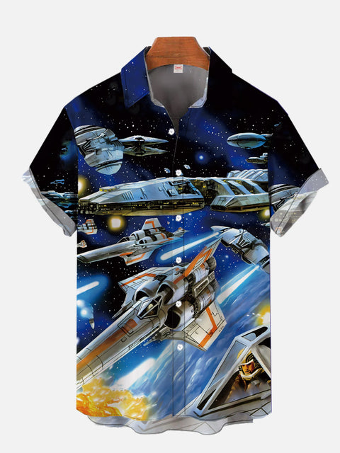 Sci-Fi Blue Galaxy Space Interstellar Spaceship Fleet Printing Short Sleeve Shirt