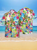 Eye-Catching Tropical Colorful Flowers And Ocean Printing Cuban Collar Hawaiian Short Sleeve Shirt