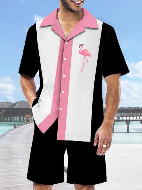 Camp Retro Black White Pink Stitching Flamingo Printing Hawaiian Cuban Collar Short Sleeve Shirt Set