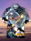 Eye-Catching Sci-Fi Cartoon Starships And Spaceships In The Universe Printing Cuban Collar Hawaiian Short Sleeve Shirt