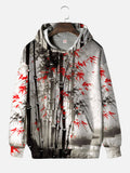 Antique Ink Painting Bamboo And Maple Leaves Printing Hooded Sweatshirt