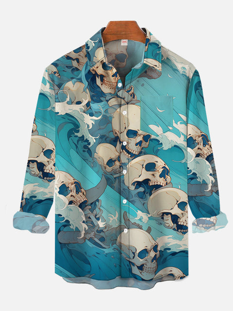 Abstract Skull Waves Printing Breast Pocket Long Sleeve Shirt