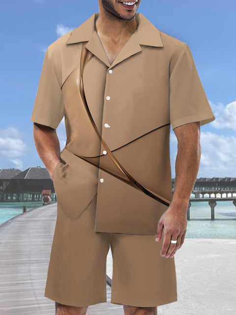 Brown Art Ribbon Printing Hawaiian Cuban Collar Short Sleeve Shirt Set