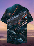 Eye-Catching Sci-Fi Punk Space Space Fleet Battle Printing Cuban Collar Hawaiian Short Sleeve Shirt