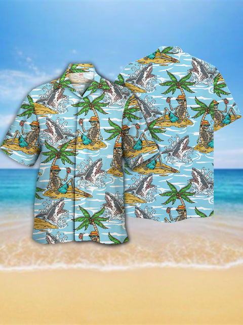 Eye-Catching Mr. Skeleton's Island Vacation Printing Cuban Collar Hawaiian Short Sleeve Shirt