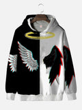 Black And White Stitching Winged Devil And Angel Printing Hooded Sweatshirt