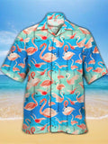 Eye-Catching Gradient Blue Stripes Background Flamingos Printing Cuban Collar Hawaiian Short Sleeve Shirt