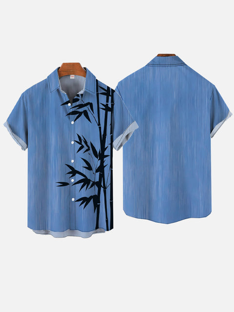 Blue Elegant Bamboo Silhouette Printing Short Sleeve Shirt