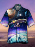 Eye-Catching Gradient Blue Purple Fantasy Space Starship And Mysterious Planet Printing Cuban Collar Hawaiian Short Sleeve Shirt