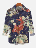 Mysterious Oriental Red Koi Carp And Flower Clusters Printing Breast Pocket Long Sleeve Shirt