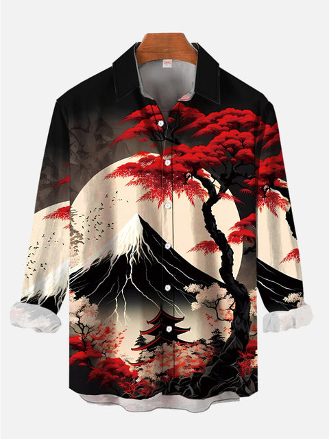 Ukiyo-E Landscape Snow Mountain And Tree Printing Long Sleeve Shirt